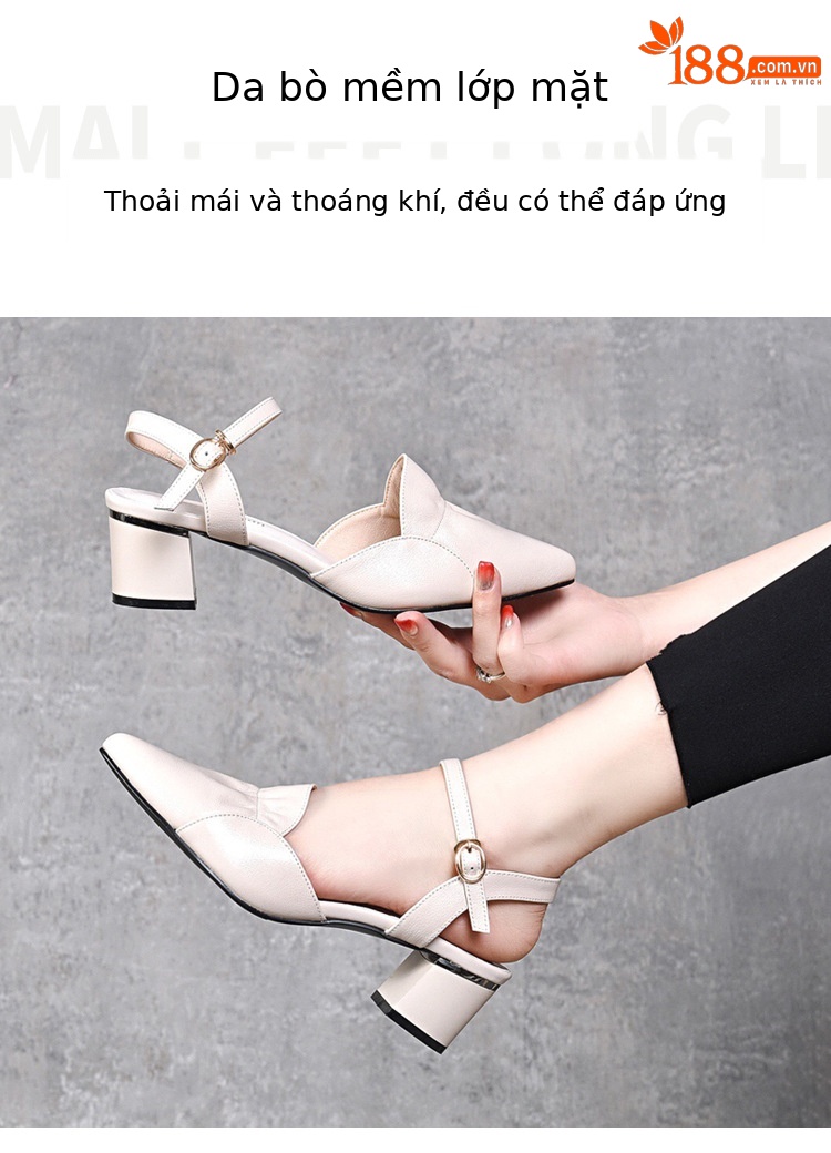 Sandal nữ da thật mũi nhọn quai ngang gót thấp 5 cm đế mềm — Màu mơ cao gót 5 cm chi tiết 4