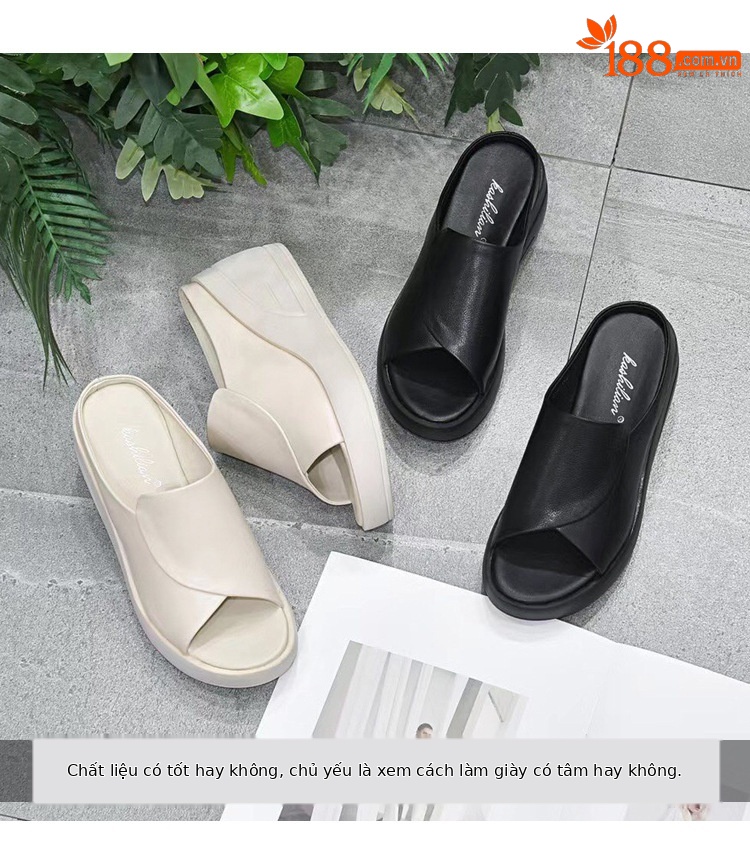 Dép lê quai ngang đế xuồng da thật, gót cao 7 cm, phong cách thời trang mùa hè — Màu đen chi tiết 3