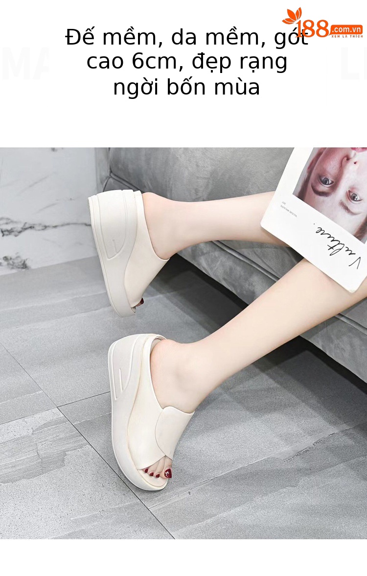 Dép lê quai ngang đế xuồng da thật, gót cao 7 cm, phong cách thời trang mùa hè — Màu đen chi tiết 6