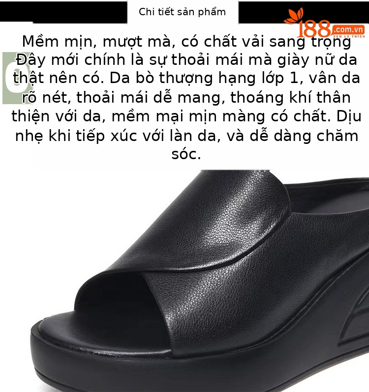 Dép lê quai ngang đế xuồng da thật, gót cao 7 cm, phong cách thời trang mùa hè — Màu đen chi tiết 9