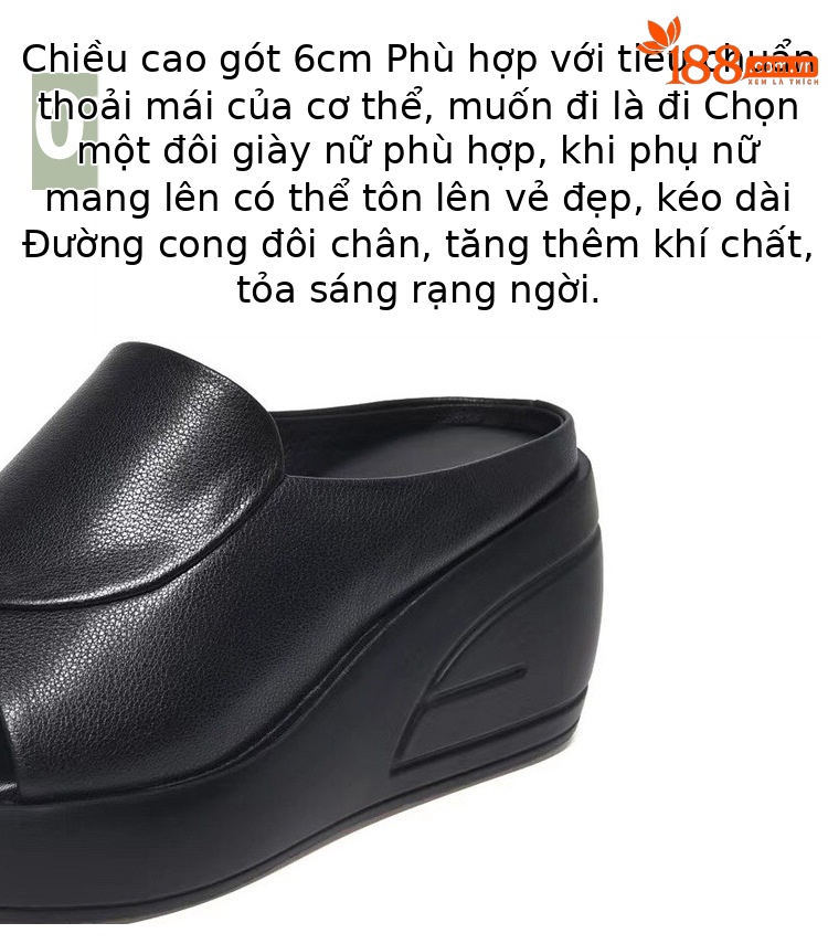 Dép lê quai ngang đế xuồng da thật, gót cao 7 cm, phong cách thời trang mùa hè — Màu đen chi tiết 10