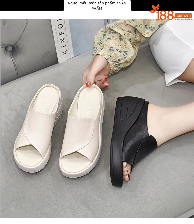Dép lê quai ngang đế xuồng da thật, gót cao 7 cm, phong cách thời trang mùa hè — Màu đen chi tiết 11