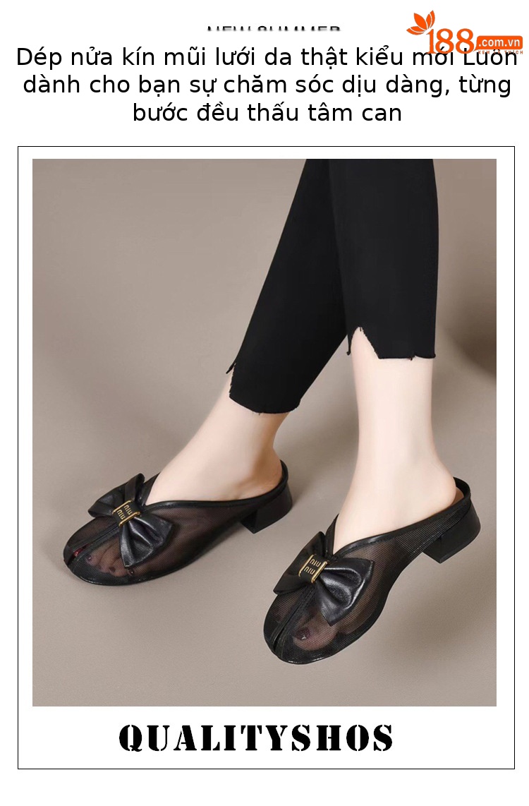 Dép sandal nữ bít mũi lưới da thật đế bệt phong cách tiên nữ — Màu đen chi tiết 1
