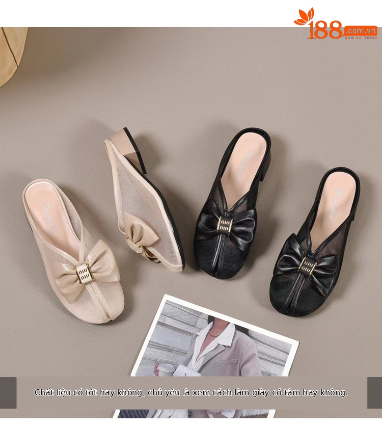 Dép sandal nữ bít mũi lưới da thật đế bệt phong cách tiên nữ — Màu đen chi tiết 3