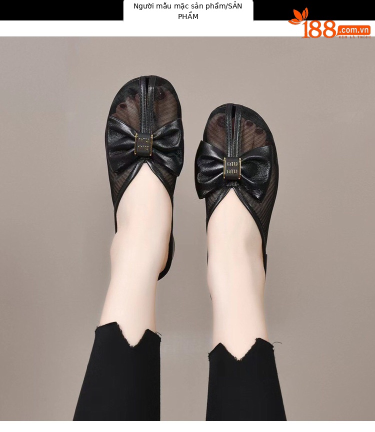 Dép sandal nữ bít mũi lưới da thật đế bệt phong cách tiên nữ — Màu đen chi tiết 11