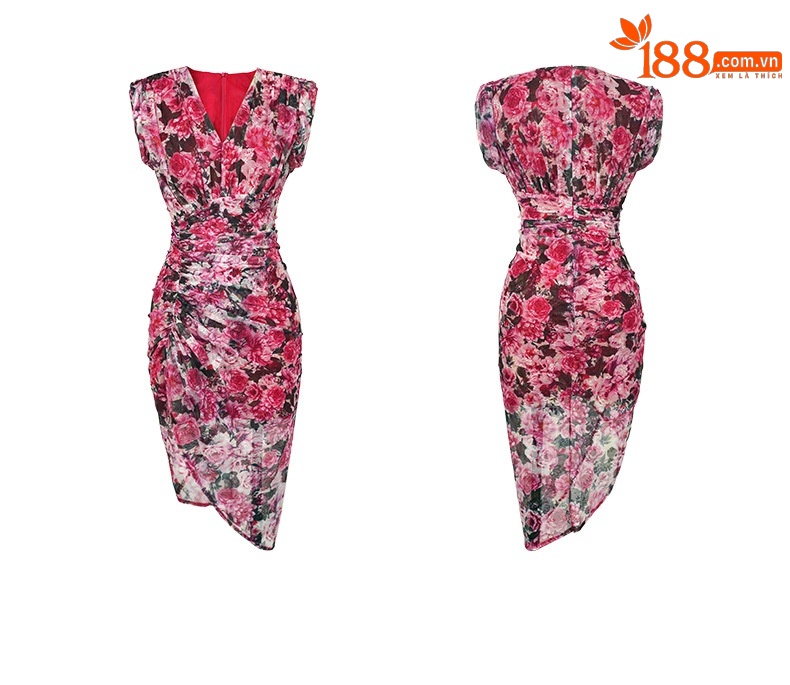 Đầm liền thân không tay in họa tiết hoa retro Pháp, kiểu dáng bất đối xứng ôm hông — Màu hoa chi tiết 2