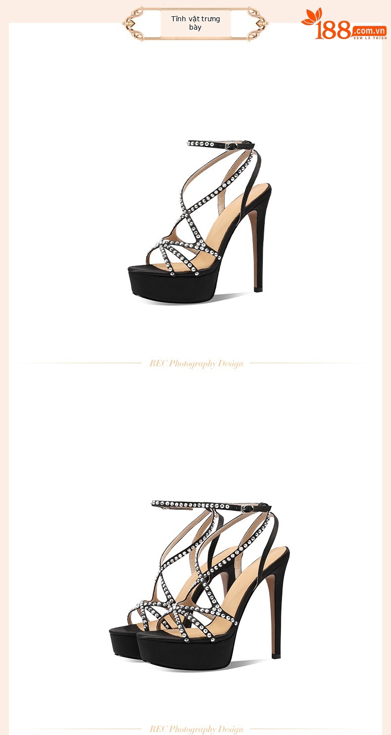 Sandal cao gót nữ quai ngang đính đá rhinestone gót nhỏ 13 cm — Vàng (13cm) chi tiết 2