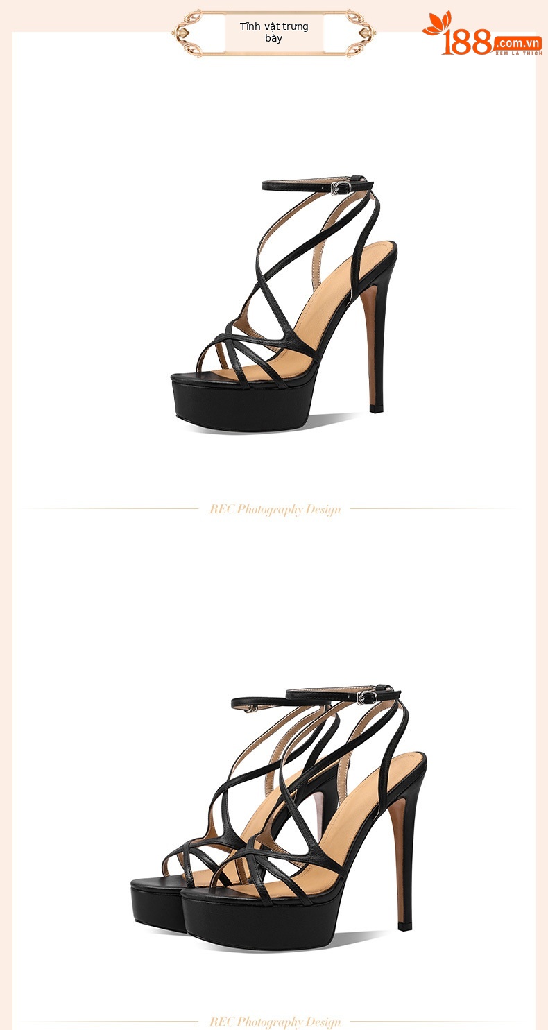 Sandal cao gót nữ quai ngang mũi hở gót 10 cm da thật phong cách Âu Mỹ — Đen (10CM) chi tiết 2
