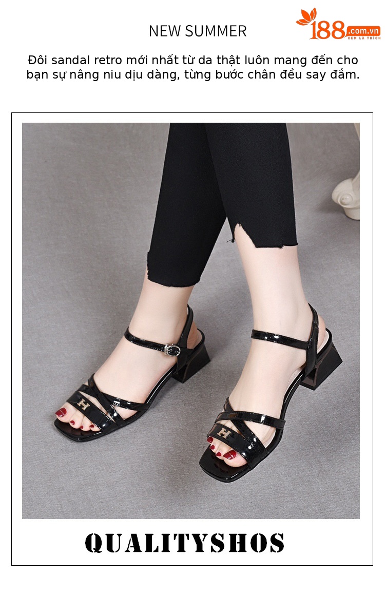 Sandal nữ quai ngang da thật gót thô 5 cm phong cách tiên nữ — Màu đen chi tiết 1