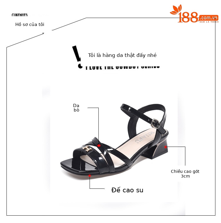 Sandal nữ quai ngang da thật gót thô 5 cm phong cách tiên nữ — Màu đen chi tiết 7