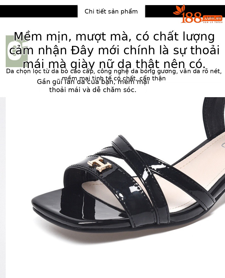 Sandal nữ quai ngang da thật gót thô 5 cm phong cách tiên nữ — Màu đen chi tiết 8