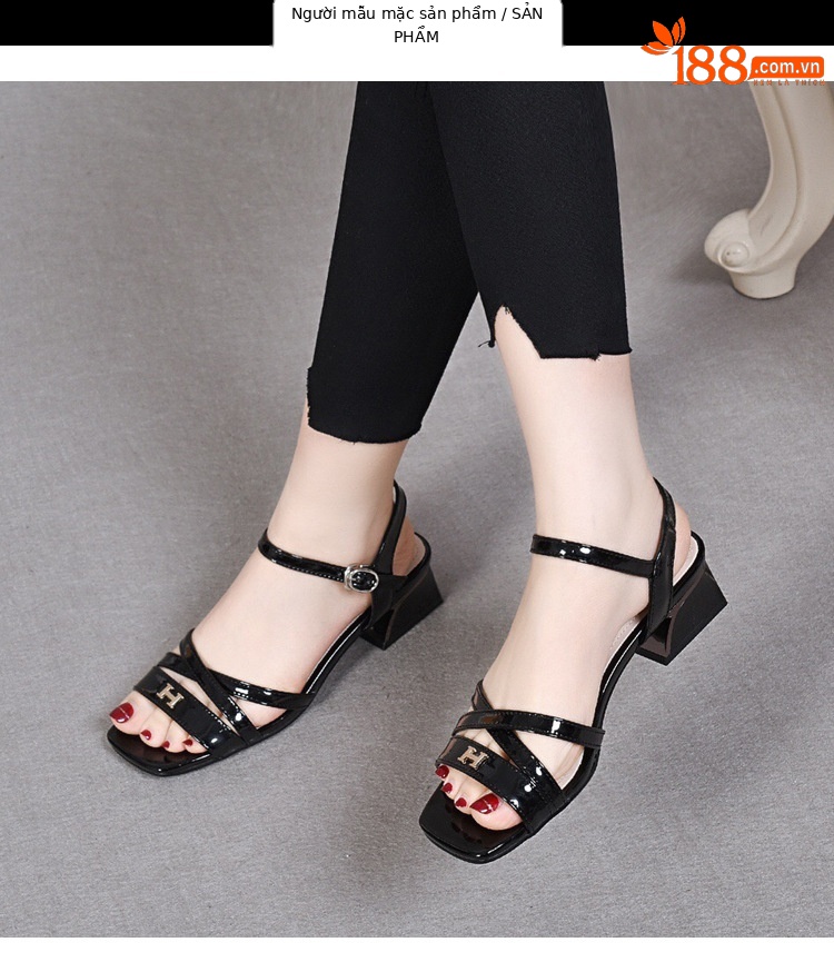 Sandal nữ quai ngang da thật gót thô 5 cm phong cách tiên nữ — Màu đen chi tiết 11
