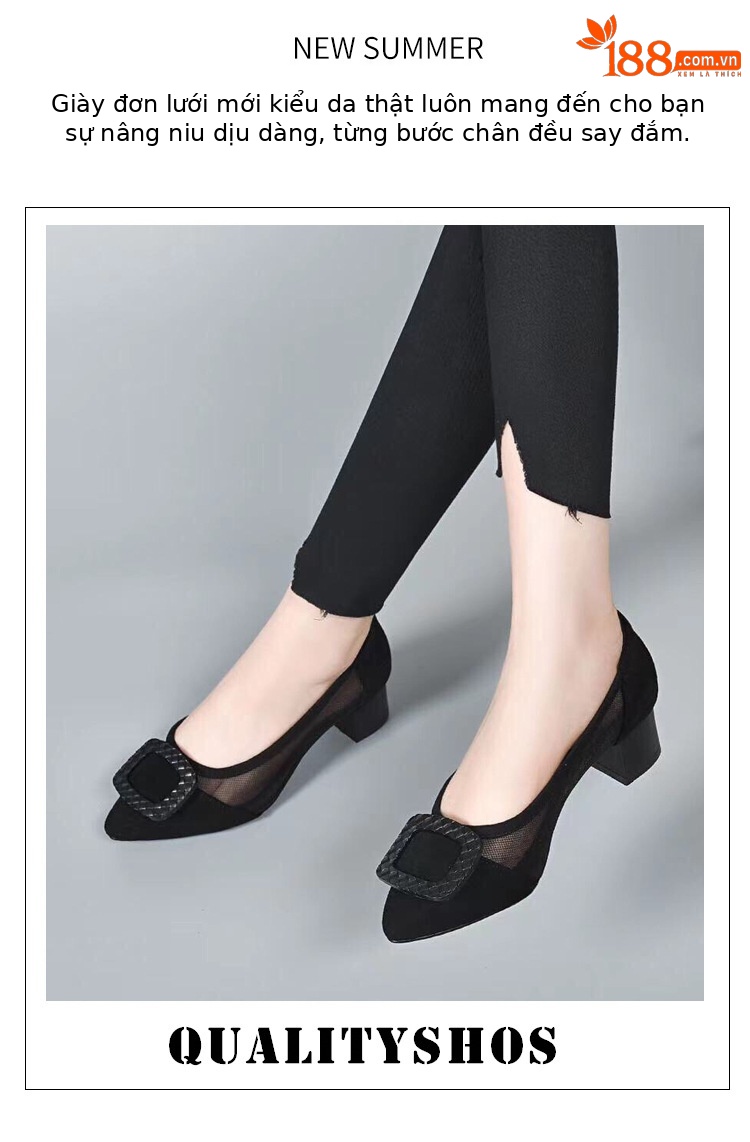 Giày lười nữ mũi nhọn da lưới thoáng khí, xỏ chân tiện lợi, gót 3 cm — Gót đen cao 3 cm chi tiết 1