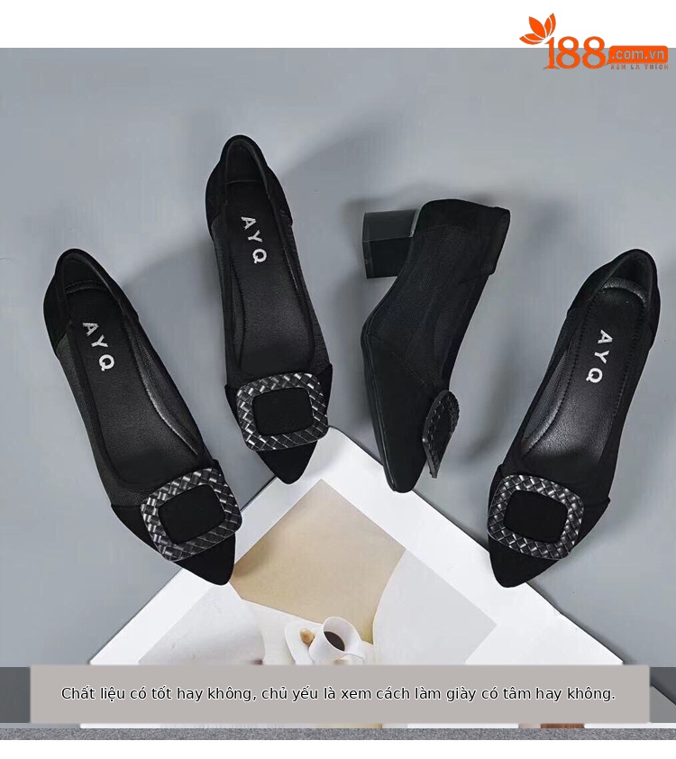 Giày lười nữ mũi nhọn da lưới thoáng khí, xỏ chân tiện lợi, gót 3 cm — Gót đen cao 3 cm chi tiết 3