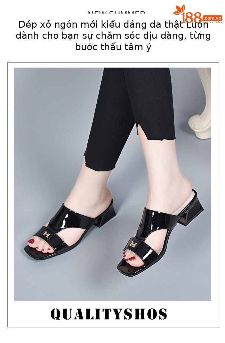 Dép sandal nữ da thật gót vuông quai chữ V phong cách tiên nữ — Màu đen chi tiết 1