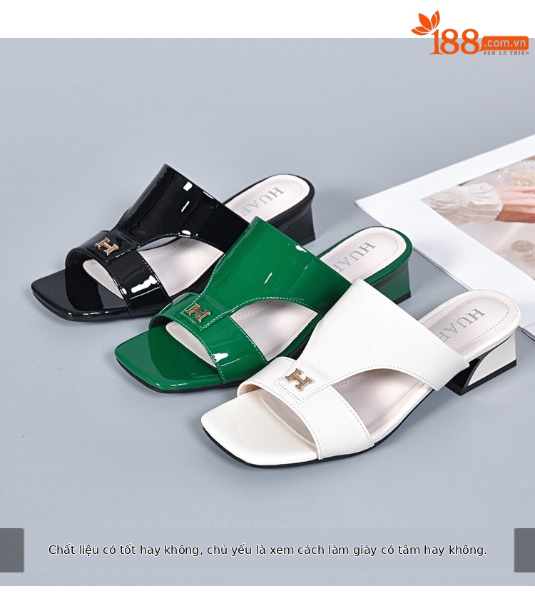 Dép sandal nữ da thật gót vuông quai chữ V phong cách tiên nữ — Màu đen chi tiết 3