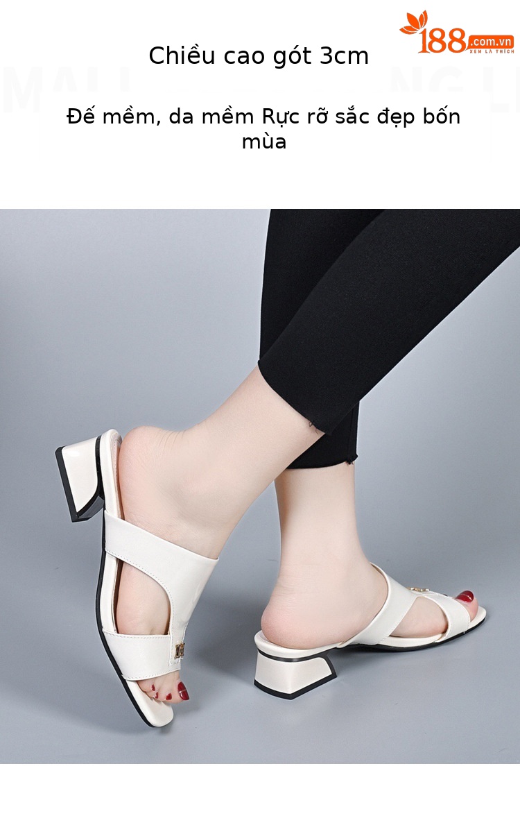 Dép sandal nữ da thật gót vuông quai chữ V phong cách tiên nữ — Màu đen chi tiết 6