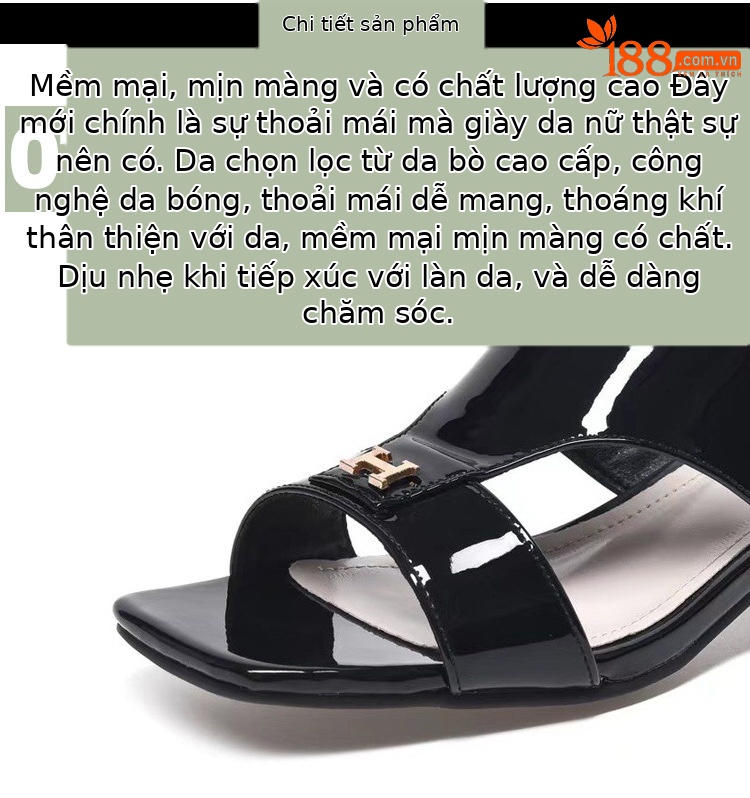 Dép sandal nữ da thật gót vuông quai chữ V phong cách tiên nữ — Màu đen chi tiết 9
