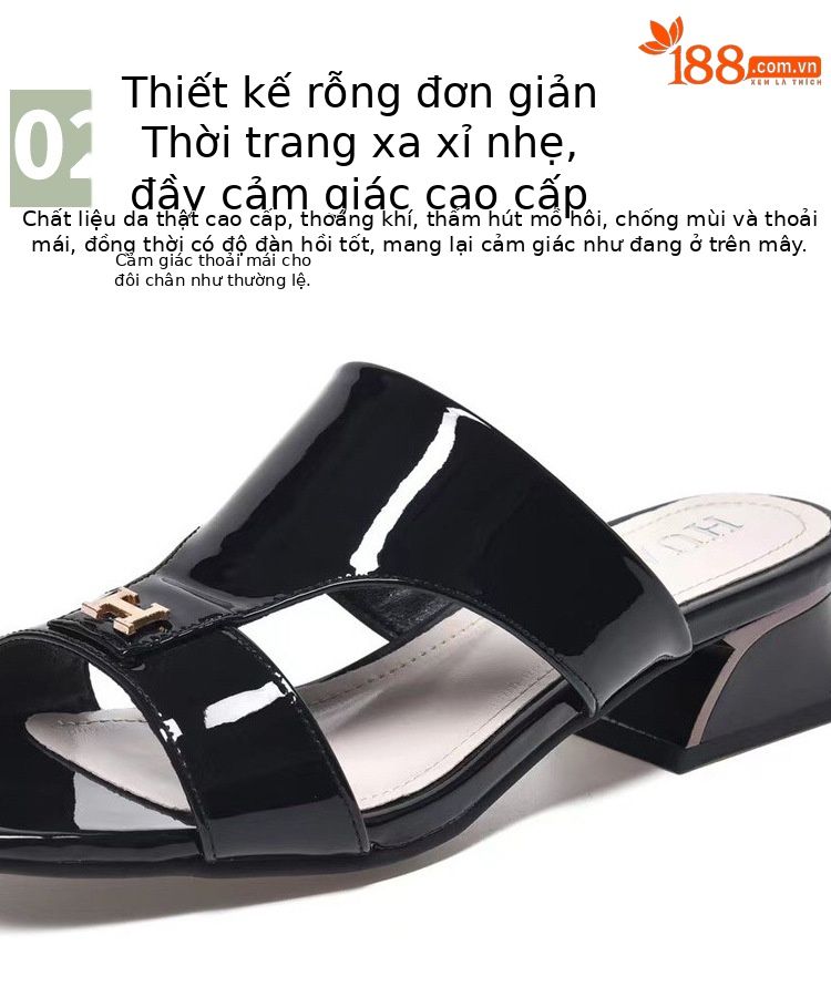 Dép sandal nữ da thật gót vuông quai chữ V phong cách tiên nữ — Màu đen chi tiết 10