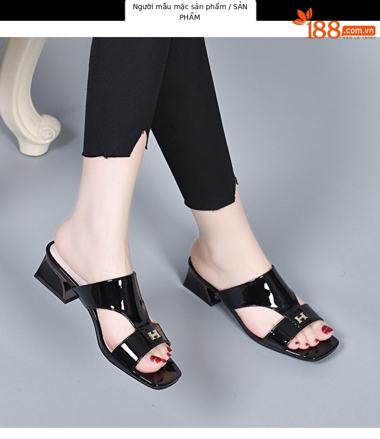 Dép sandal nữ da thật gót vuông quai chữ V phong cách tiên nữ — Màu đen chi tiết 12