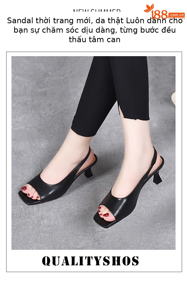 Sandal hở mũi da thật gót vừa kiểu Pháp cho nữ — Màu đen chi tiết 1