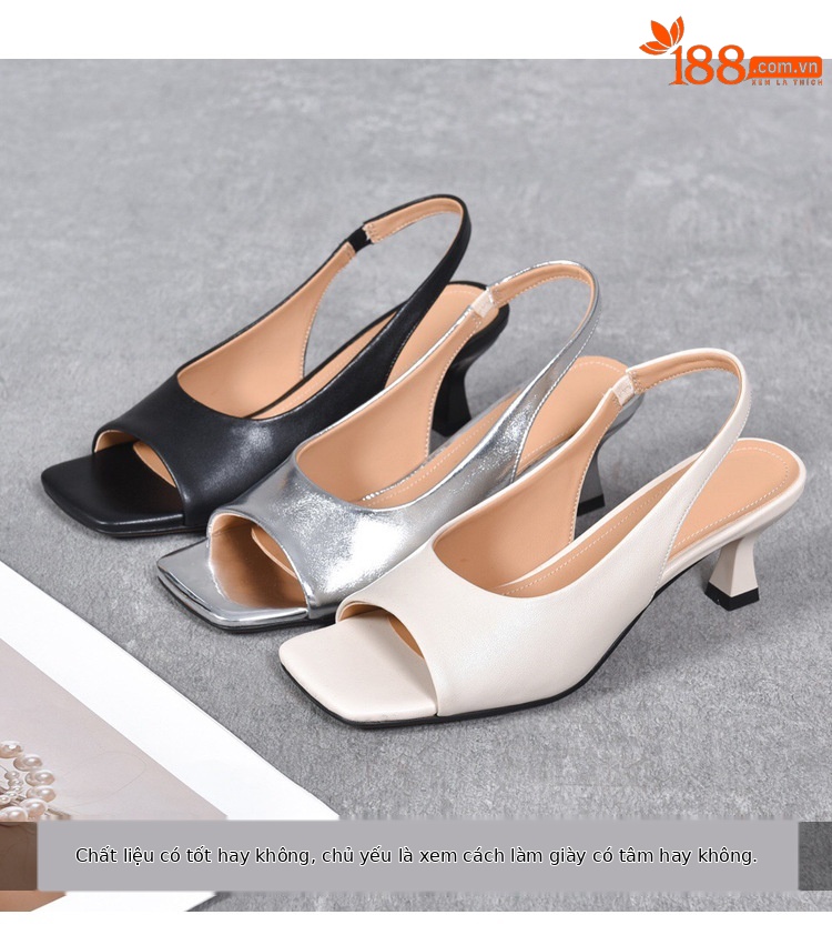 Sandal hở mũi da thật gót vừa kiểu Pháp cho nữ — Màu đen chi tiết 3