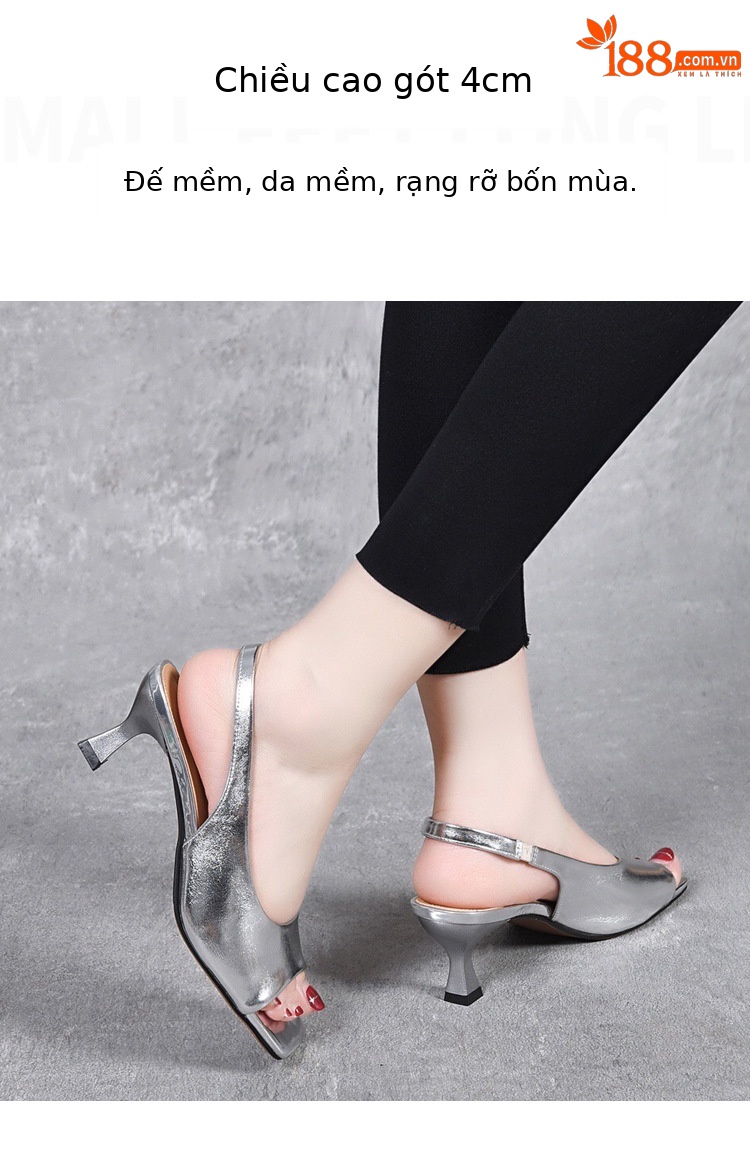 Sandal hở mũi da thật gót vừa kiểu Pháp cho nữ — Màu đen chi tiết 6