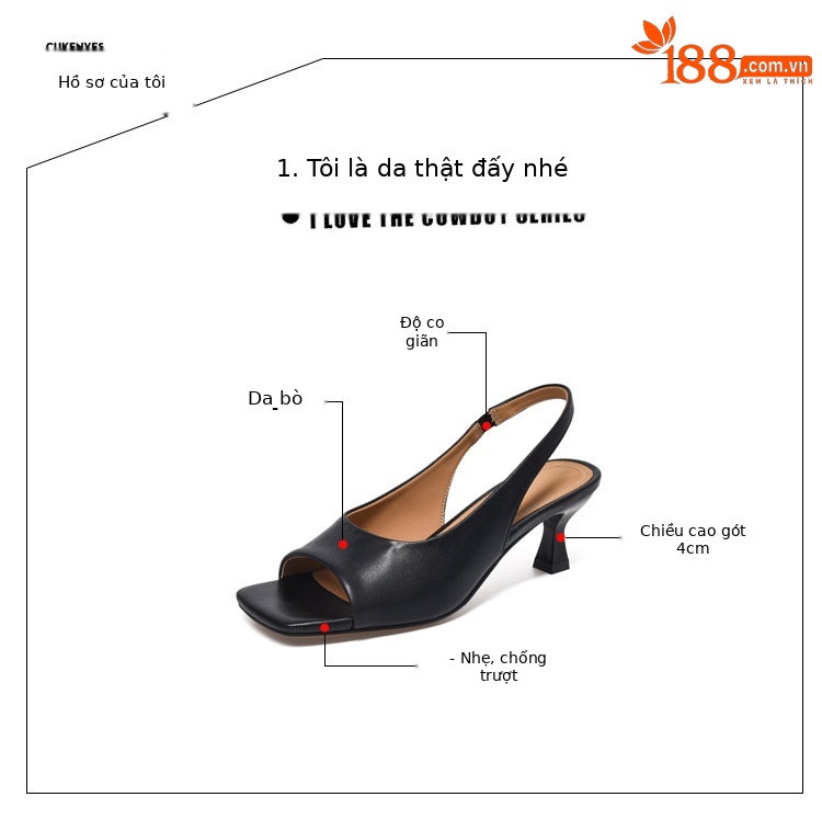 Sandal hở mũi da thật gót vừa kiểu Pháp cho nữ — Màu đen chi tiết 8