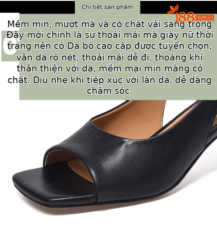 Sandal hở mũi da thật gót vừa kiểu Pháp cho nữ — Màu đen chi tiết 9