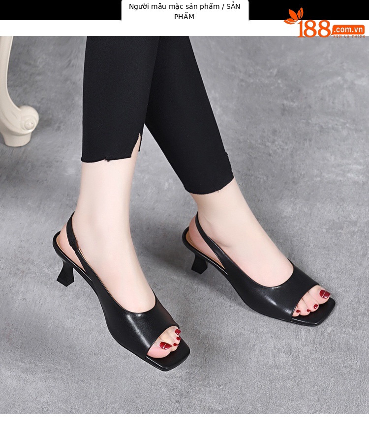 Sandal hở mũi da thật gót vừa kiểu Pháp cho nữ — Màu đen chi tiết 12