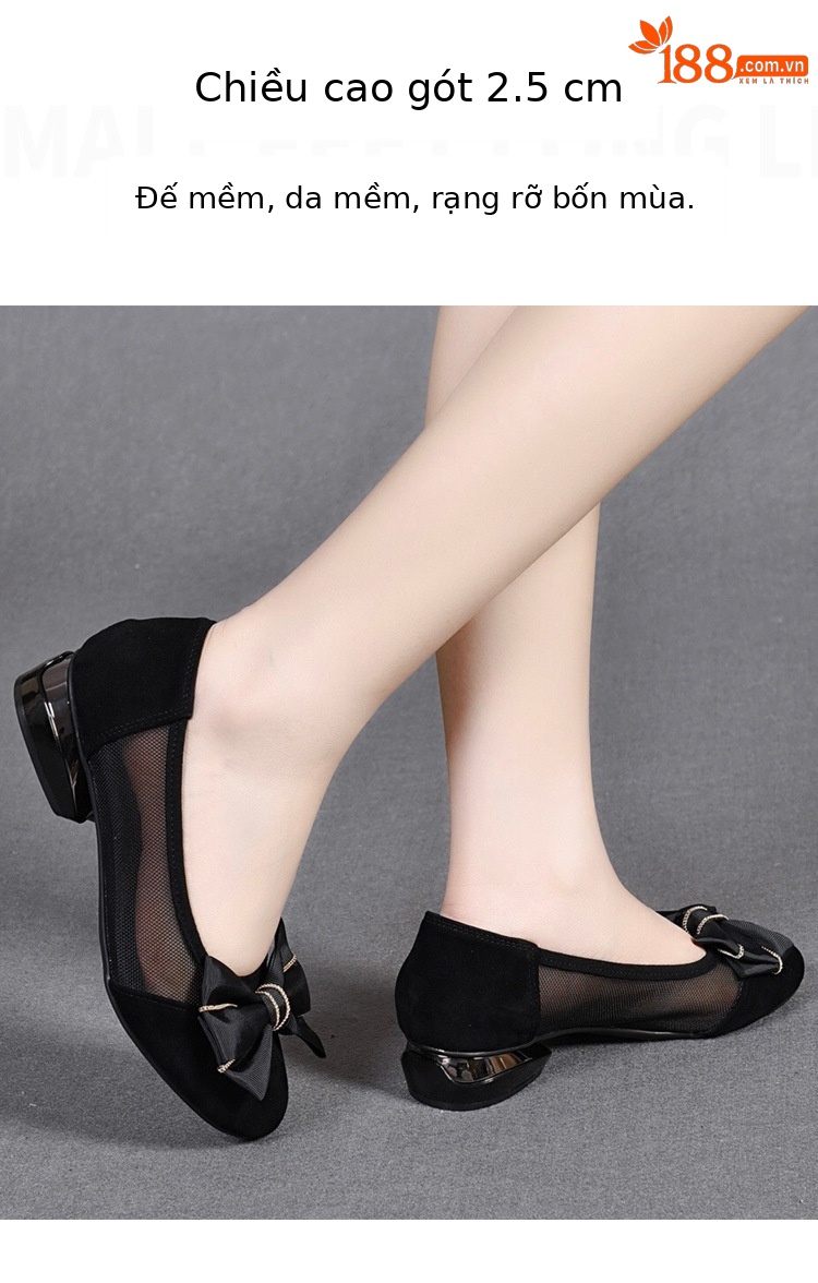 Giày da nữ mũi tròn gót thô đế mềm nơ bướm lưới thoáng khí — Màu đen chi tiết 6