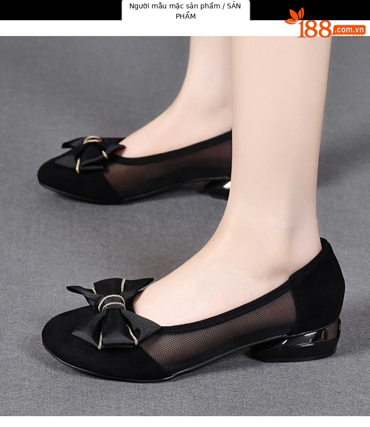 Giày da nữ mũi tròn gót thô đế mềm nơ bướm lưới thoáng khí — Màu đen chi tiết 9