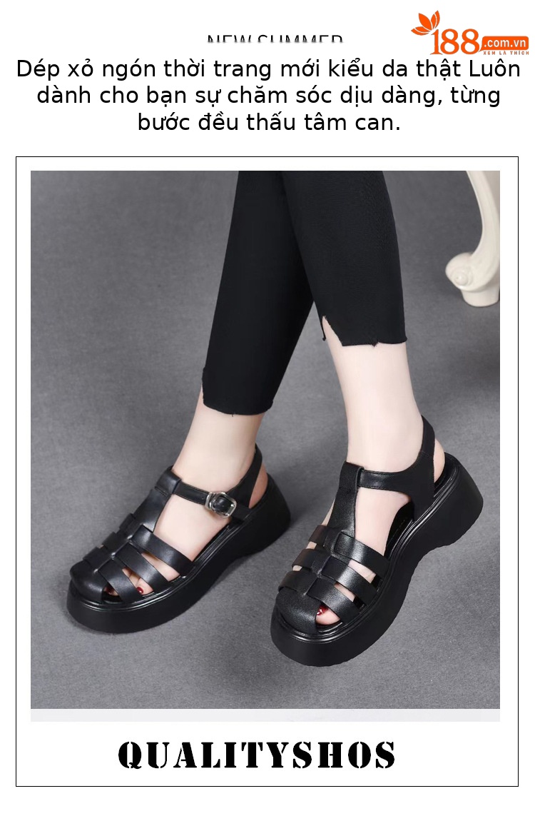 Dép sandal nữ đế dày da thật kiểu La Mã, mũi kín đan xương cá, đi biển mùa hè — Màu đen chi tiết 1