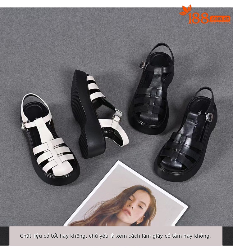Dép sandal nữ đế dày da thật kiểu La Mã, mũi kín đan xương cá, đi biển mùa hè — Màu đen chi tiết 2