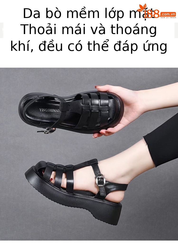 Dép sandal nữ đế dày da thật kiểu La Mã, mũi kín đan xương cá, đi biển mùa hè — Màu đen chi tiết 4