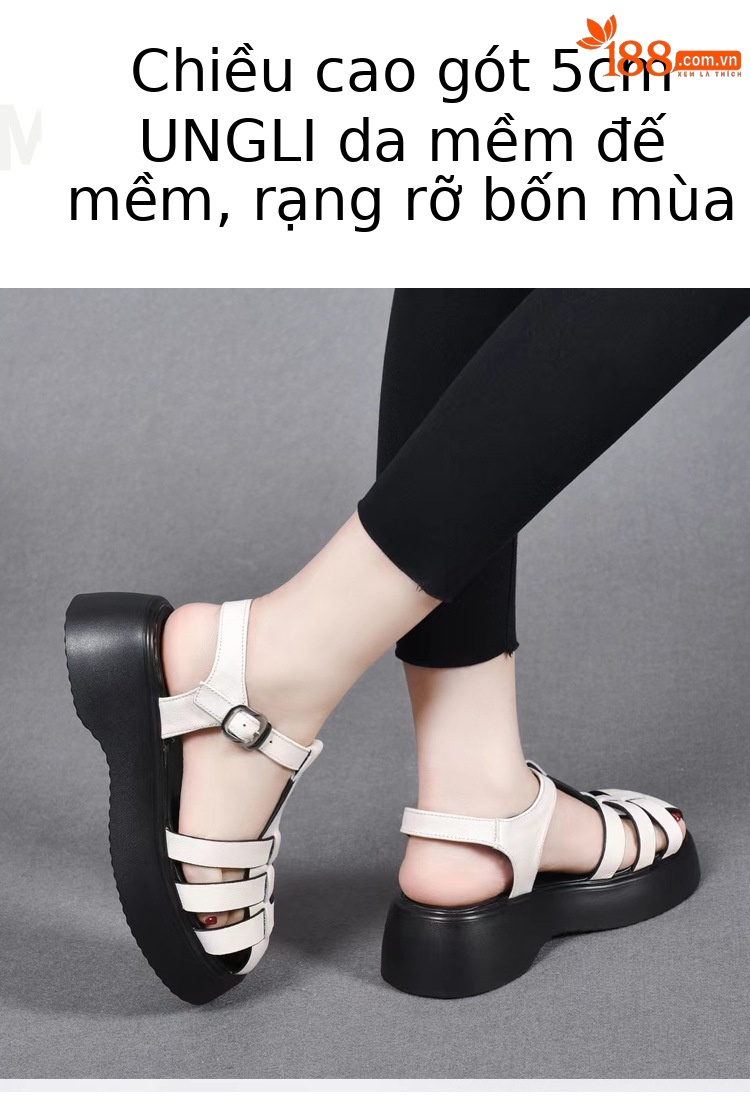 Dép sandal nữ đế dày da thật kiểu La Mã, mũi kín đan xương cá, đi biển mùa hè — Màu đen chi tiết 5