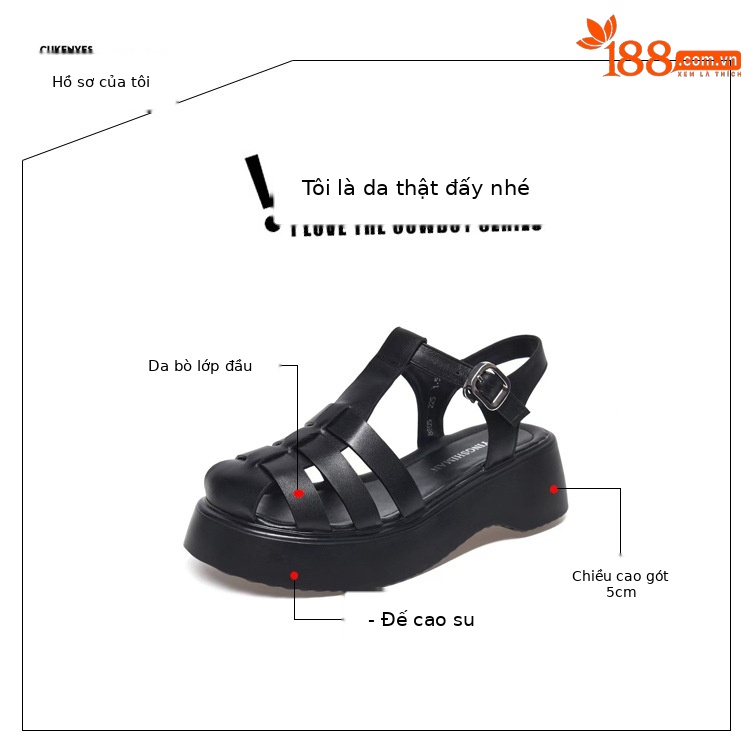 Dép sandal nữ đế dày da thật kiểu La Mã, mũi kín đan xương cá, đi biển mùa hè — Màu đen chi tiết 7
