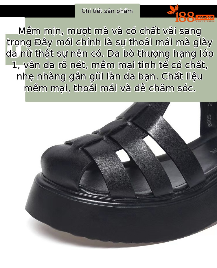 Dép sandal nữ đế dày da thật kiểu La Mã, mũi kín đan xương cá, đi biển mùa hè — Màu đen chi tiết 8