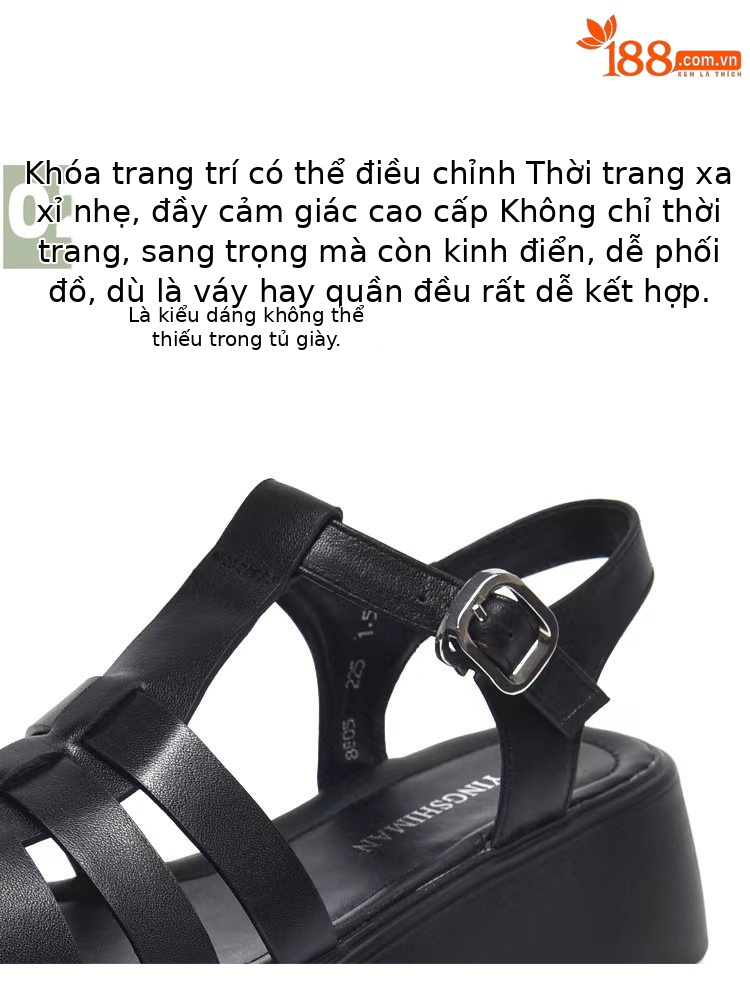 Dép sandal nữ đế dày da thật kiểu La Mã, mũi kín đan xương cá, đi biển mùa hè — Màu đen chi tiết 9