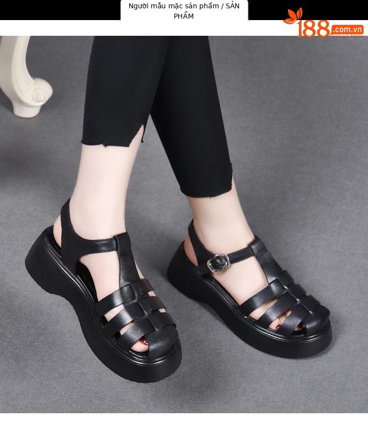 Dép sandal nữ đế dày da thật kiểu La Mã, mũi kín đan xương cá, đi biển mùa hè — Màu đen chi tiết 11