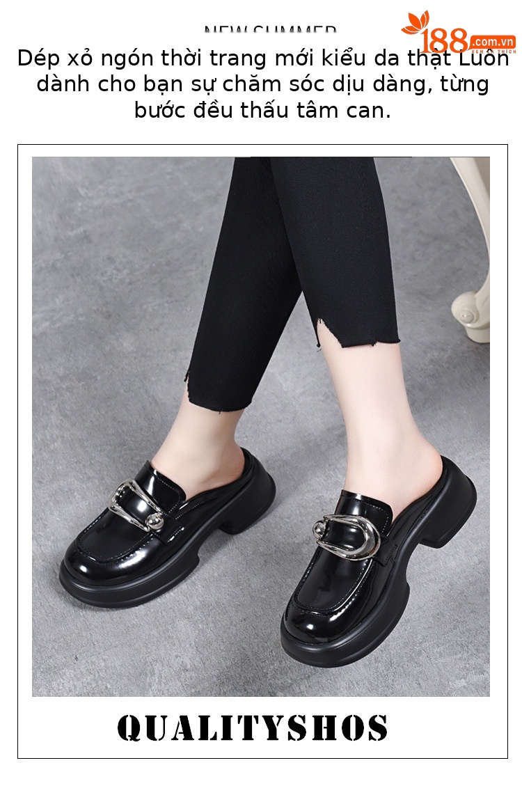 Dép sục bít mũi da thật mũi to đế dày phong cách loafer — Màu đen chi tiết 1