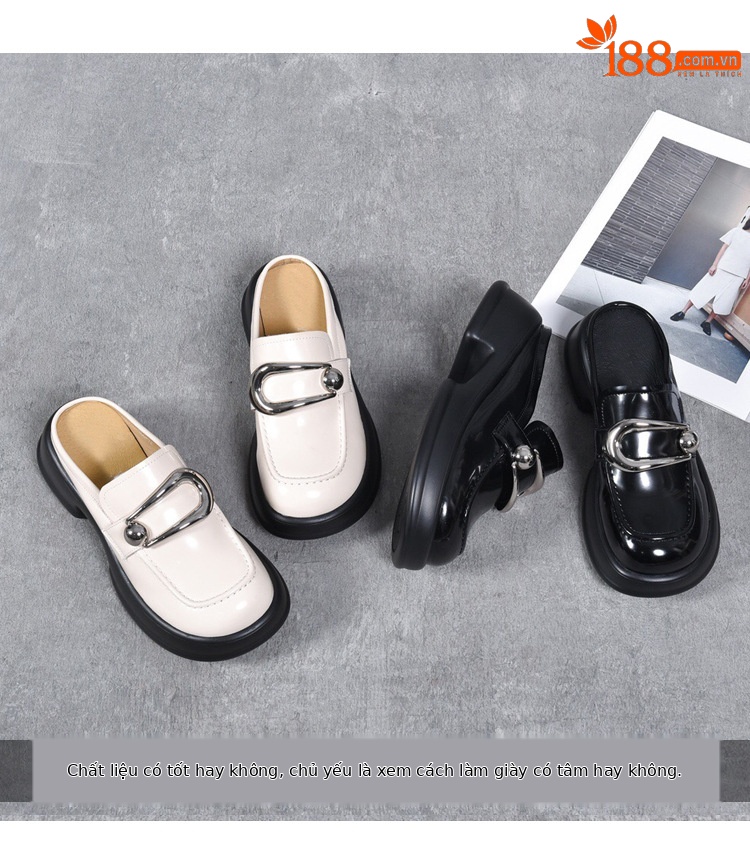 Dép sục bít mũi da thật mũi to đế dày phong cách loafer — Màu đen chi tiết 3