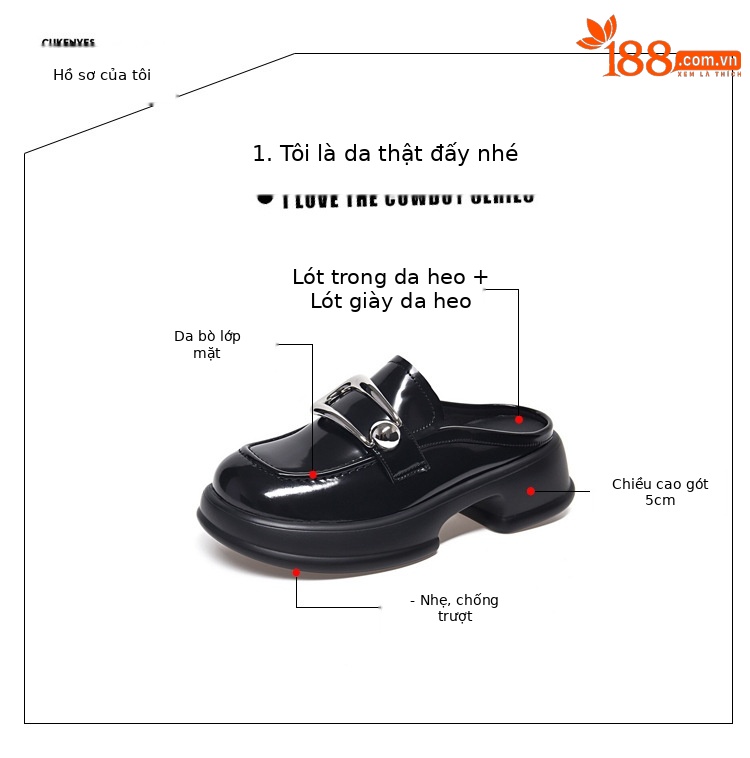 Dép sục bít mũi da thật mũi to đế dày phong cách loafer — Màu đen chi tiết 8