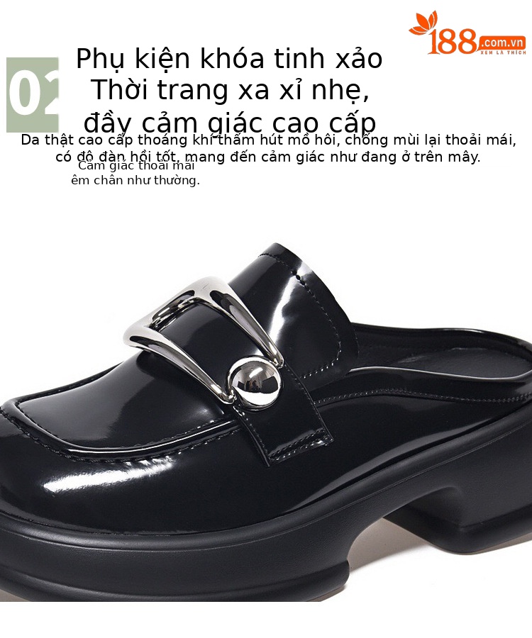 Dép sục bít mũi da thật mũi to đế dày phong cách loafer — Màu đen chi tiết 10