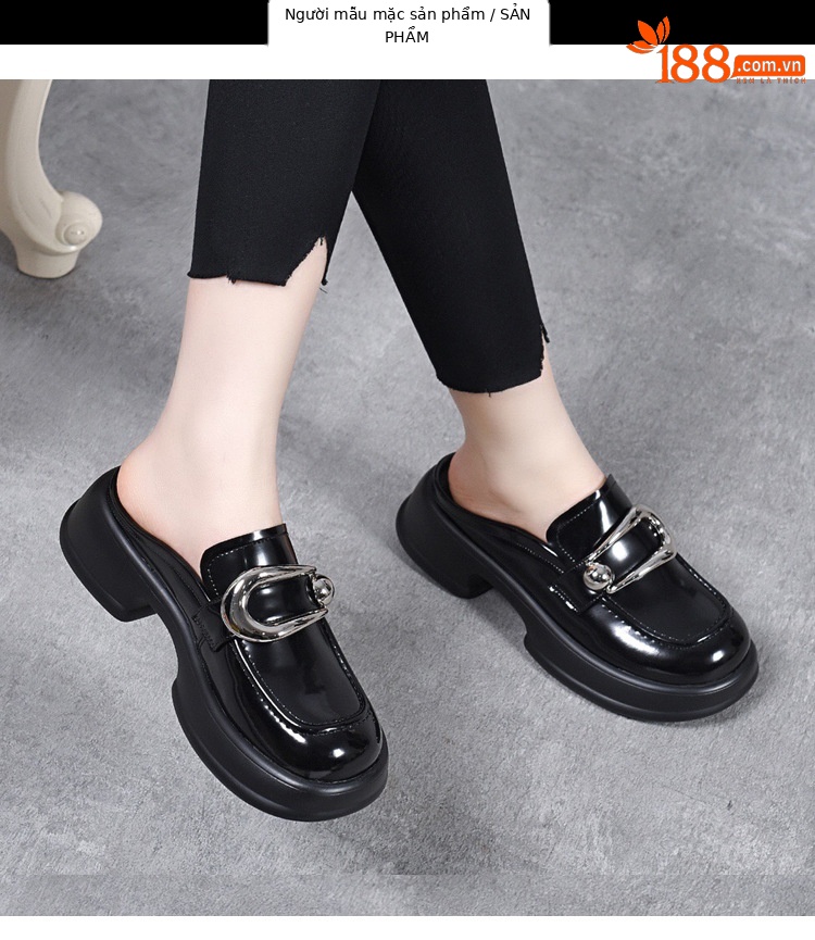 Dép sục bít mũi da thật mũi to đế dày phong cách loafer — Màu đen chi tiết 12