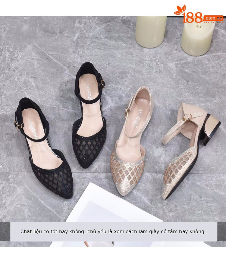 Sandal bít mũi lưới nữ gót thấp mũi nhọn thời trang rỗng khí chất — Màu đen chi tiết 3