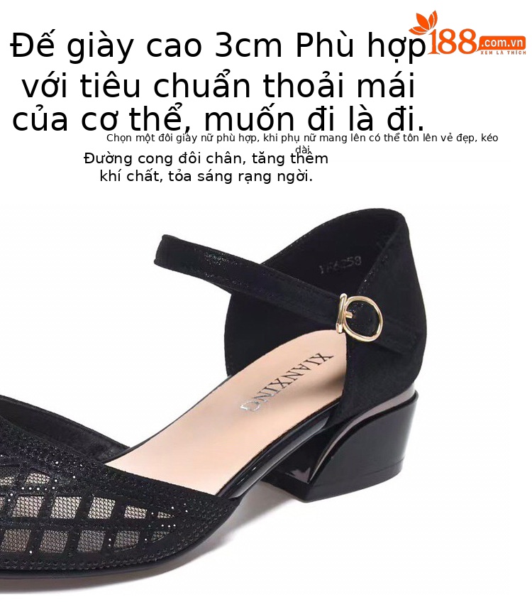 Sandal bít mũi lưới nữ gót thấp mũi nhọn thời trang rỗng khí chất — Màu đen chi tiết 11
