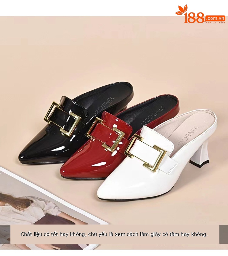 Giày mule nữ mũi nhọn da bóng gót thấp kiểu Pháp — Màu đen chi tiết 3