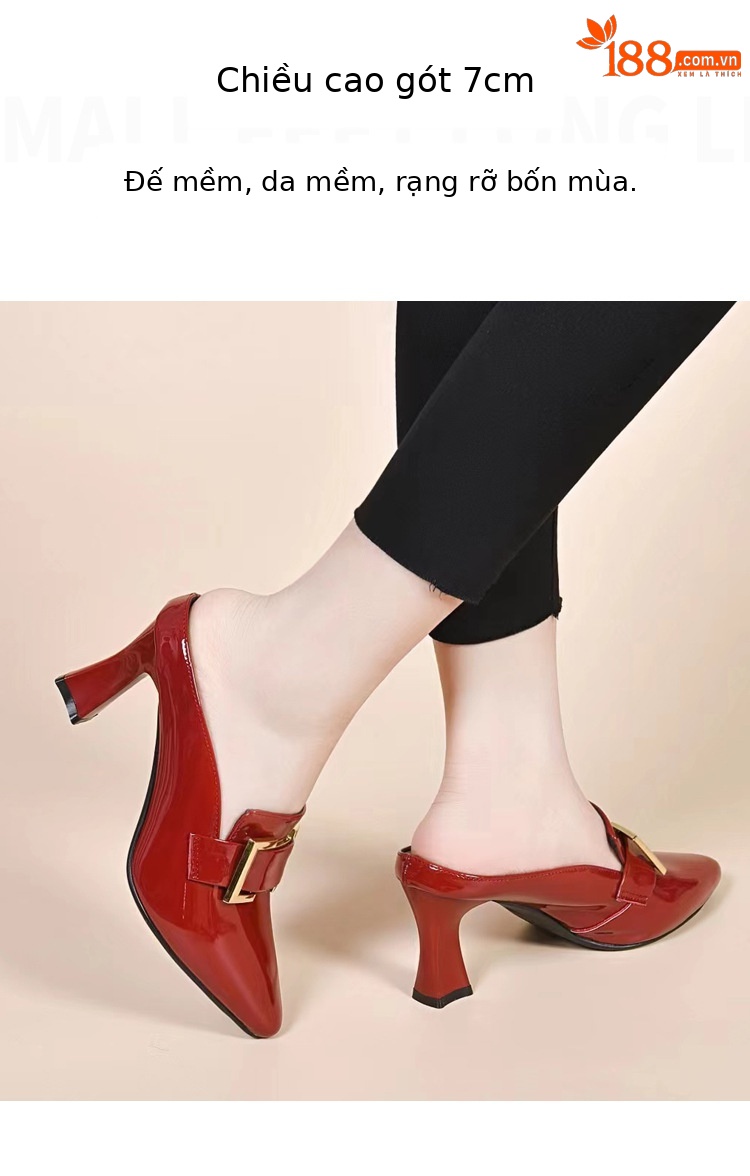 Giày mule nữ mũi nhọn da bóng gót thấp kiểu Pháp — Màu đen chi tiết 6