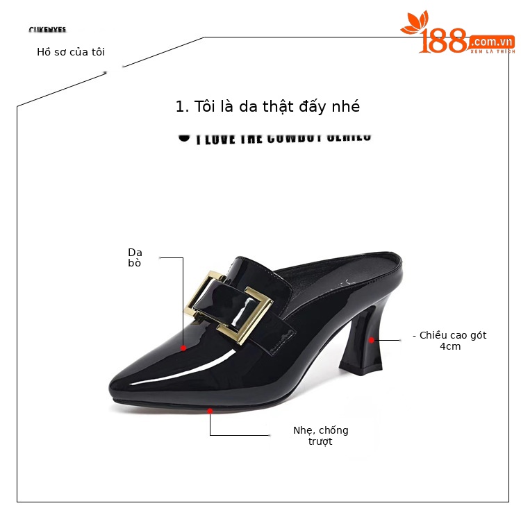 Giày mule nữ mũi nhọn da bóng gót thấp kiểu Pháp — Màu đen chi tiết 8